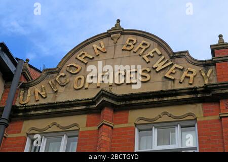 La Frederic Robinson Unicorn Brewery, birrifici, imbottigliatori, uffici, Lower Hillgate, Stockport, Greater Manchester, Inghilterra, Regno Unito, SK1 1JJ Foto Stock