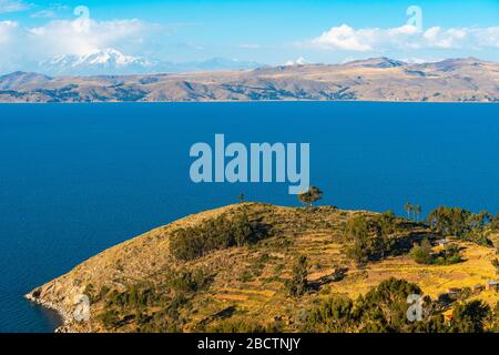 Campagna rurale sulla penisola Copacabana ad un'altitudine di circa 4.000 m, Dipartimento la Paz, Bolivia, America Latina Foto Stock