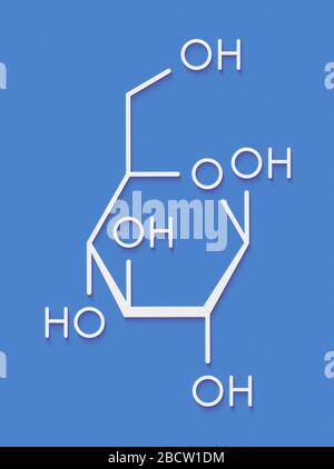 Molecola di glucosio (destrosio, zucchero di uva) (forma beta-D-glucopiranosa). Formula scheletrica. Foto Stock