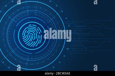 Concetto di sicurezza informatica. Sistema di riconoscimento biometrico con blocco fingermark, spazio vuoto per la progettazione. Illustrazione Foto Stock