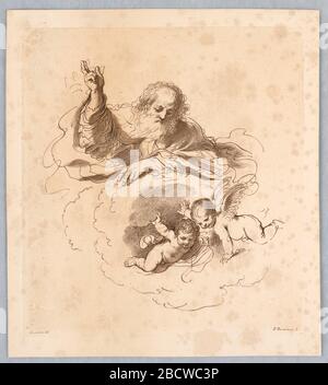 L'Onnipotente nelle nuvole con due angeli Boy. La ricerca in ProgressGod, con la sua mano destra sollevata in benedizione, guarda il bordo di una nuvola a due putti sotto. L'Onnipotente nelle nuvole con due angeli Boy Foto Stock