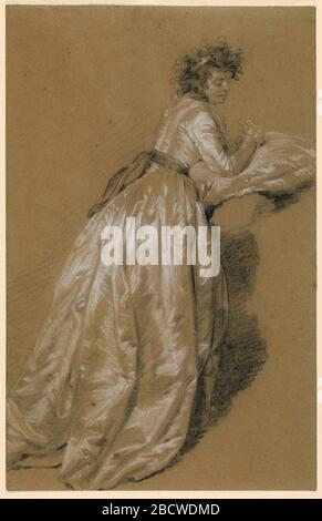 Donna in piedi in un vestito bianco. Ricerca in ProgressStanding donna in un raso bianco, o abito di seta è visto da dietro. Lei guarda a destra e si appoggia i gomiti sul cuscino. L'accento è posto sulla rappresentazione del materiale da cui viene realizzato il vestito. Donna in piedi in un vestito bianco Foto Stock