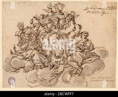 Disegno per la pittura a soffitto con lo stemma del Cardinale Francesco Maria de' Medici. Ricerca in ProgressIl pranzo è sostenuto da un singolo putto che vola sotto mentre tre putti sono occupati con il cappello. La speranza si alza, la fede si siede a sinistra dell'escutcheon, la carità che allatta un bambino siede a destra sulle nuvole. Disegno per la pittura a soffitto con lo stemma del Cardinale Francesco Maria de' Medici Foto Stock