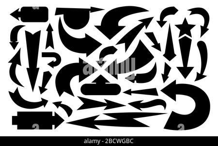 Arrow varie direzioni nero piatto silhouette set. Semplice collezione infografica. Icone del braccio dei segnali del cursore monocromatico. Glifo nero diverse frecce sym Illustrazione Vettoriale