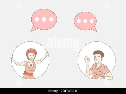 Giovane donna e uomo in cornici rotonde scambio di messaggi cartoni animati vettoriali illustrazione. La gente che chiacchiera con le bolle di parlato di comunicazione. Amici, colleghi, impiegati conversano. Illustrazione Vettoriale
