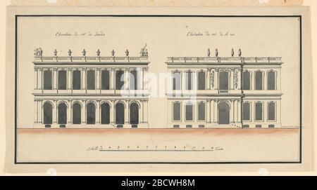 Giardino e Street elevazioni di un piccolo palazzo. Ricerca in ProgressAt sinistra, elevazione giardino di un palazzo a due piani con sette baie in due gamme, e sormontato da una balaustra ornata con urne e putti appaiati agli angoli. Giardino e Street elevazioni di un piccolo palazzo Foto Stock