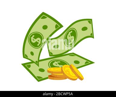 Pocket soldi caduta cartone animato piatto. Banconote e monete. Monete d'oro mucchio, segno di valuta della banca. Pacchetto di denaro in dollari, finanza bancaria. Modello per fi Illustrazione Vettoriale