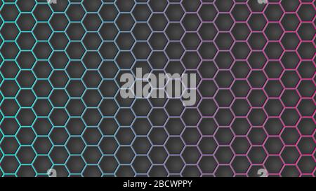 Disegno vettoriale di sfondo esagonale astratto con effetto di retroilluminazione a gradiente ciano e viola Illustrazione Vettoriale