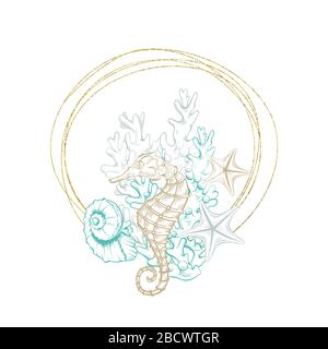 Seahorse disegno in oro geometrico cristallo linea cornice, disegno di disposizione vettoriale. Ocean Seashell e corallo incisioni in bordo dorato con texture foil, subacquea disegno marino in tratteggio disegnato a mano Illustrazione Vettoriale