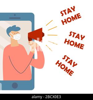 L'uomo mascherato nello smartphone dice di rimanere a casa immagine vettoriale Illustrazione Vettoriale