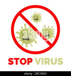 Stop virus COVID-19 flat banner Concept. Coronavirus globale pandemia, Cina patogeno influenza respiratoria focolaio progettazione vettore. Illustrazione barrata di virus pericolosi con testo. Illustrazione Vettoriale