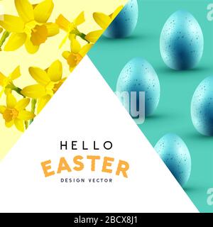 Un layout di sfondo di Pasqua astratto con daffodil fiori e uova di cioccolato. Illustrazione del vettore. Illustrazione Vettoriale