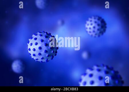 COVID-19 sfondo di coronavirus, illustrazione 3d, vista microscopica dei germi di coronavirus in blu. Epidemia di SARS-cov-2 e pandemia del virus della corona. Banner Foto Stock