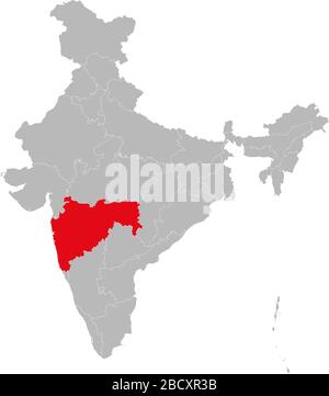 Maharashtra contrassegnato in rosso sulla mappa india illustrazione vettoriale. Sfondo grigio chiaro. Perfetto per concetti aziendali, sfondo, sfondi, etichette, adesivi, Illustrazione Vettoriale