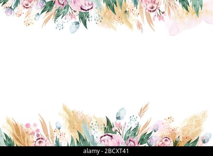 Cornice floreale color acqua con profili rosa protea e oro. Saluto. Banner design decorazione Illustrazione Vettoriale
