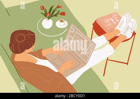 Donna d'affari che lavora online su un notebook da casa in un'atmosfera accogliente. Concetto di lavoro remoto da casa. Illustrazione vettoriale colorata in stile cartoon piatto Illustrazione Vettoriale