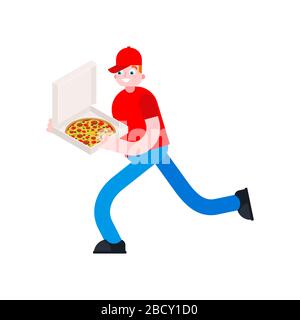 Consegna pizza corsa isolata. L'uomo corre con la scatola della pizza. Illustrazione vettoriale Illustrazione Vettoriale