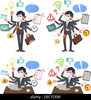 Un insieme di uomo d'affari che indossa la maschera che esegue il multitasking in Office.There sono cose da fare senza problemi e un modello che è in un panico.è vettore Illustrazione Vettoriale