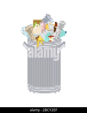 Cestino può pixel art. 8 bit Wheelie bin con immondizia su sfondo bianco. Spelare da banana e stub. Lattina e vecchio giornale. Osso e pac Illustrazione Vettoriale