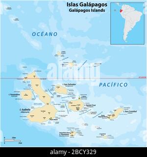 Mappa vettoriale dettagliata delle Isole Galapagos, Ecuador Illustrazione Vettoriale