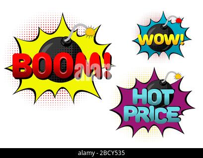 Sfondo con bomba e WOW Accedi stile Pop Art. Illustrazione vettoriale Illustrazione Vettoriale