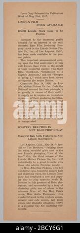 Comunicato stampa della Lincoln Motion Picture Company. Comunicati stampa della Lincoln Motion Picture Company. Il comunicato stampa parla della Lincoln Motion Picture Company andando pubblico e rendendo disponibili le opzioni di stock. Il resto del comunicato stampa parla di alcuni degli attori associati alla società. Comunicato stampa della Lincoln Motion Picture Company Foto Stock