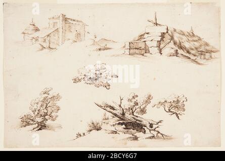 Schizzi di edifici e alberi. Ricerca in ProgressiUpper left: Schizzo di una casa e fieno-stack; in alto a destra: Un magro-a paglia; centro: Fogliame; in basso a sinistra: Un albero; in basso a destra: Un tronco e ramo. Schizzi di edifici e alberi Foto Stock