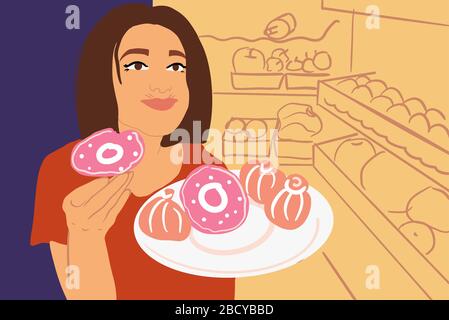 Giovane donna che mangia dolci ciambelle vicino al frigorifero di notte. Concetto di cibo da letto e overeating. Illustrazione vettoriale colorata in stile cartoon piatto Illustrazione Vettoriale