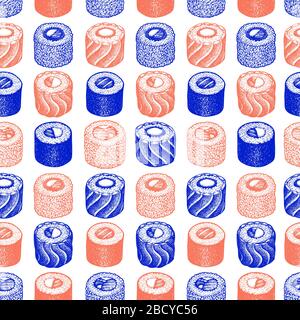 Sushi seamless pattern. Disegnata a mano illustrazioni vettoriali. La cucina giapponese elementi in stile vintage. Cibo asiatico dello sfondo. Illustrazione Vettoriale