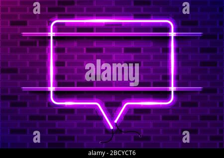 Chiacchierare con un cartello al neon o una striscia luminosa a LED. Illustrazione vettoriale realistica. Parete in mattoni viola, bagliore viola, supporti in metallo. Illustrazione Vettoriale