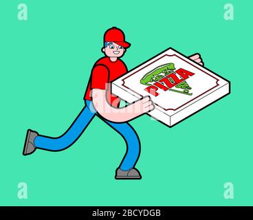 Consegna pizza corsa isolata. L'uomo corre con la scatola della pizza. Illustrazione vettoriale Illustrazione Vettoriale