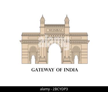 India, città di Mumbai. Punto di riferimento famoso della porta Indiana. Icona Travel Asia. Simbolo della città indiana. Line art Illustrazione Vettoriale