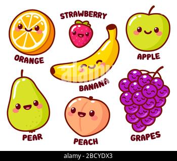 Carino cartoni animati con divertenti volti kawaii. Arancia e banana, mela e pera, pesca, uva e fragola. Set di illustrazioni vettoriali isolate. Illustrazione Vettoriale