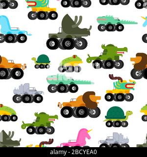 Modello animale Monster Truck senza cuciture. Cartone animato su ruote grandi. Ornamento tessuto bambino. Sfondo vettoriale Illustrazione Vettoriale