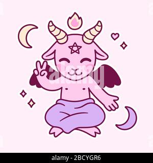 Carino cartoon Satana disegno, kawaii diavolo rosa con pentagramma, fuoco e mezzaluna lune. Piccolo Baphomet, simbolo satanico illustrazione vettoriale. Illustrazione Vettoriale