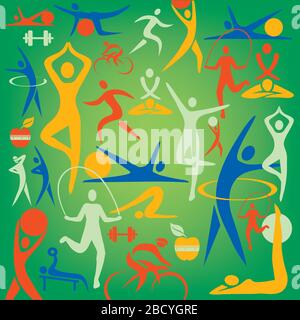 Fitness e sport icone sfondo decorativo. Illustrazione colorata con simboli sportivi e di stile di vita sano.Vector disponibile. Illustrazione Vettoriale