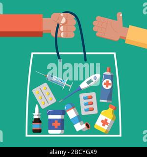 Pacchetto completo di medicinali e vitamine. Acquisto e consegna di merci dalla farmacia il concetto di commercio farmaceutico e di acquisto in linea. Piatto Illustrazione Vettoriale