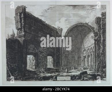 Villa Adriana vicino Tivoli le Vedute di Roma 17481778. Ricerca in ProgressRuins di un edificio classico con abside. Interno del castello praetoriano, con figure sparse su piccola scala. A sinistra, è una sezione di un alto muro con due porte arcuate. A destra, un muro curvo con sette nicchie sormontate da una mezza cupola (l'abside). Villa Adriana vicino Tivoli le Vedute di Roma 17481778 Foto Stock