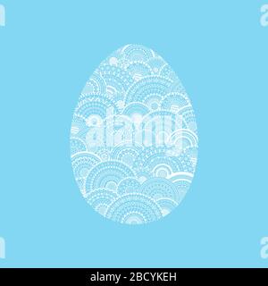 Illustrazione vettoriale dell'uovo di Pasqua bianco su sfondo blu. Uovo di Pasqua con mandala etniche rotonde all'interno. Elemento decorativo pasquale per biglietto d'auguri Illustrazione Vettoriale
