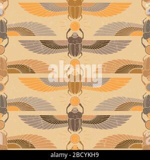 Simboli dell'antico Egitto sotto forma di un modello assurdo con un'illustrazione di un scarabeo con un simbolo del sole nelle zampe e nelle ali. Illustrazione Vettoriale