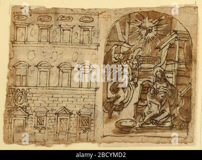 Pagina di un libro di sketchbook Elevation of Palace Annunciation ultima cena. Ricerca nel rettangolo ProgressVertical. Verso, a sinistra: Una casa di tre piani e una soffitta mostra lavori rustici, la porta e tre finestre, la cui parte centrale è più grande degli altri. I piani superiori hanno quattro finestre ciascuno. A destra: Il contorno è un segmento. Pagina di un libro di sketchbook Elevation of Palace Annunciation ultima cena Foto Stock