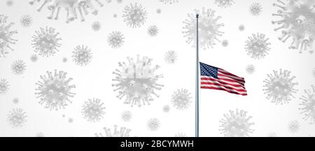 La tragedia americana del coronavirus sfondo come un mezzo albero il concetto della bandiera degli Stati Uniti strappato nella forma di una cellula del virus su un flagpole come icona. Foto Stock