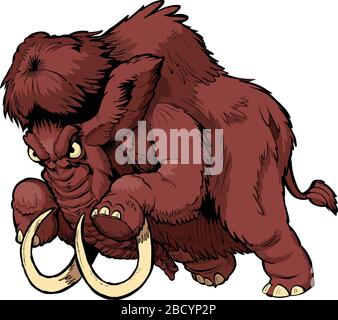 Illustrazione della clip del fumetto vettoriale di una mascotte di mammut lanoso arrabbiato di carica in strati separati. Illustrazione Vettoriale