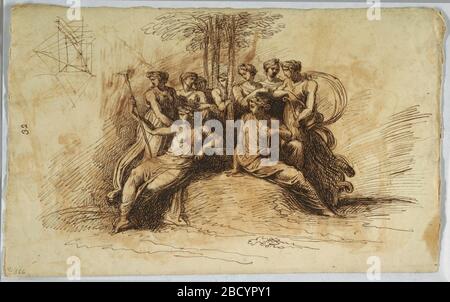 Selfritratto di Felice Giani recto Muses seduto sotto un albero. Ricerca in ProgressRecto: Gruppo di figure femminili di ispirazione classica in tendaggi sciolti si riuniscono e si siedono intorno ad una grande roccia e diversi alberi al centro della compositionVerso: Ritratto di mezza lunghezza di un uomo che indossa un cappello superiore e una giacca con colletto seduto appoggiato sulla guida superiore SelfRitratto di Felice Giani recto Muses seduto sotto un albero Foto Stock