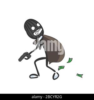 Rapina della banca. Rubare denaro contante. Criminale indossare maschera che corre via con sacco di soldi. Disegnato a mano. Cartoon Stickman. Schizzo di Doodle, grafico vettoriale Illustrazione Vettoriale