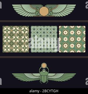 Simboli dell'antico Egitto scarabeo-scarabeo e sole alato con una collezione di disegni senza cuciture per motivi egiziani Illustrazione Vettoriale