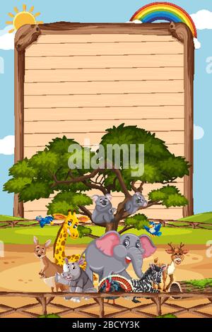 Disegno di modello di bordo con molti animali selvatici nell'illustrazione di sfondo Illustrazione Vettoriale