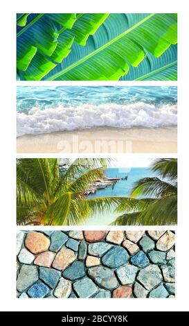 Concetto di viaggio. Set di striscioni orizzontali con scene di vacanza tropicali. Palme e yacht, onde sull'oceano sulla spiaggia di sabbia, ciottoli colorati, un giardino Foto Stock