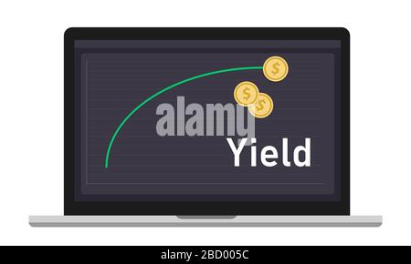 La curva di rendimento mostra i guadagni generati su un investimento in un determinato periodo di tempo. Grafico e moneta su notebook Illustrazione Vettoriale