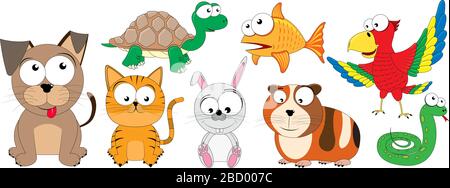 Animali domestici - raccolta di divertenti clip-art vettoriali (cane, gatto, tartaruga, pesce d'oro, coniglio, cavia, serpente, pappagallo) Illustrazione Vettoriale